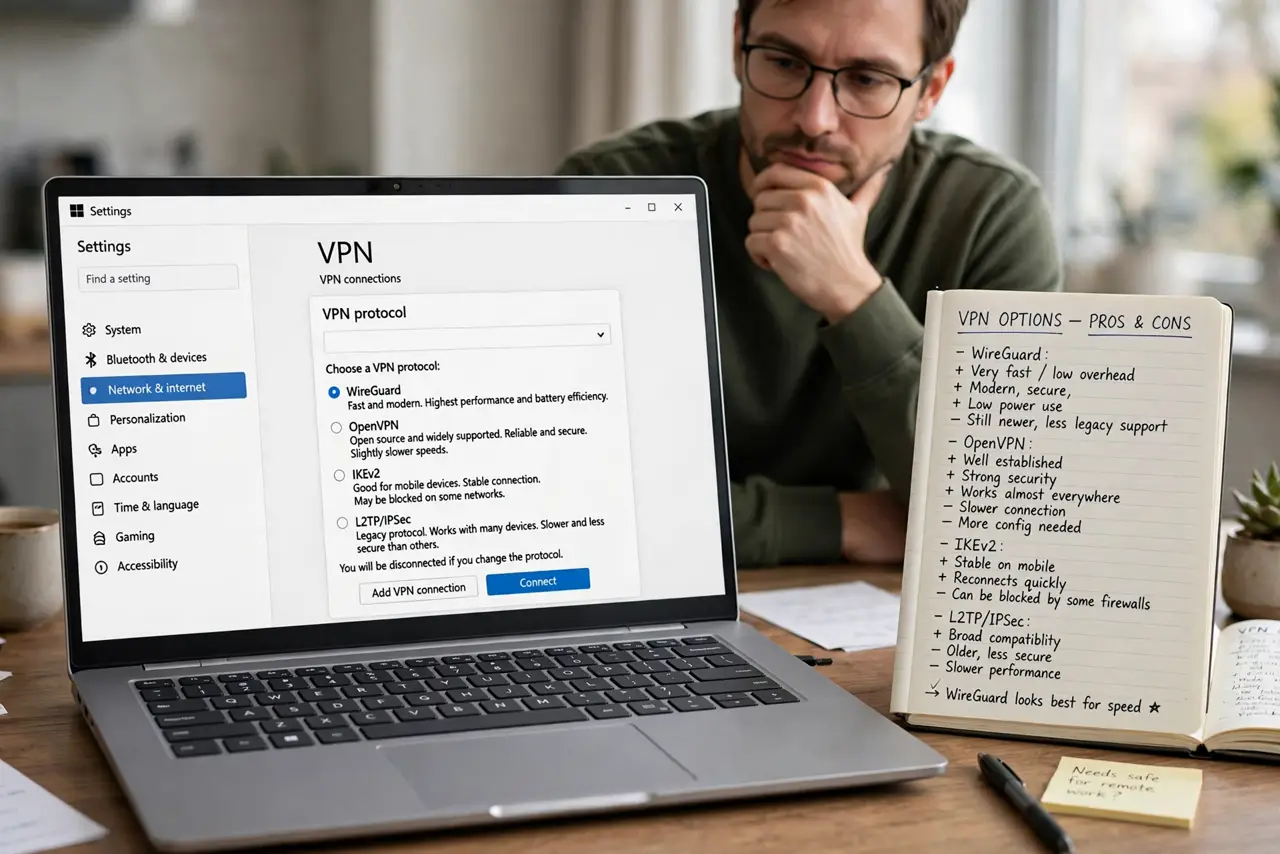 a person comparing VPN protocol options on a real laptop screen showing a settings list with legible protocol names, the person's face thoughtful, notebook with pros and cons nearby.