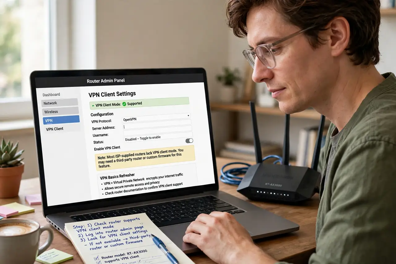 A person performing the first step of the guide: Check your router supports VPN client mode.