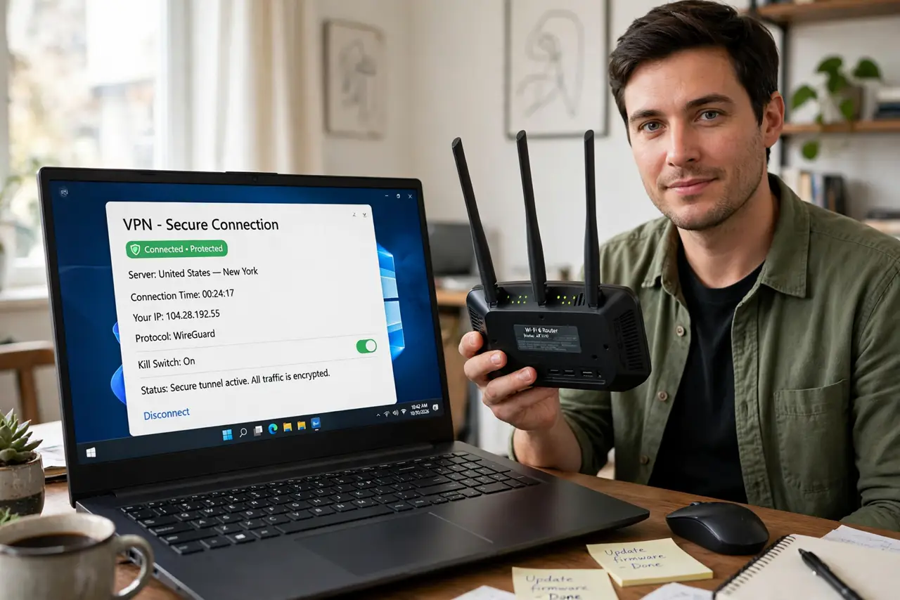 a person holding a real Wi-Fi router with visible antennas next to a laptop showing a VPN status screen with legible text, the person's face confident, home office.