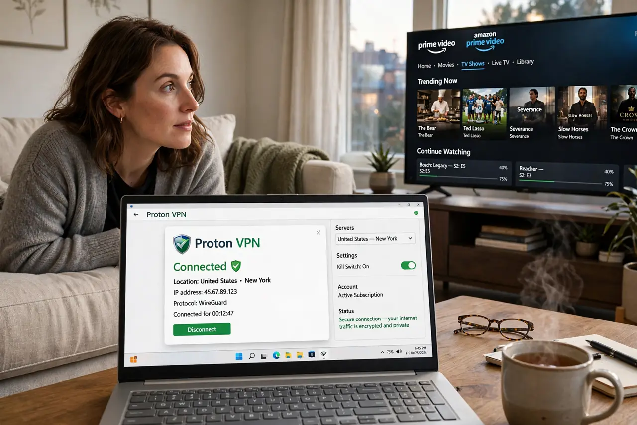a person on a couch watching a real TV showing a streaming service library with legible show titles, laptop with VPN app open on the coffee table, the person's face intrigued, evening living room.
