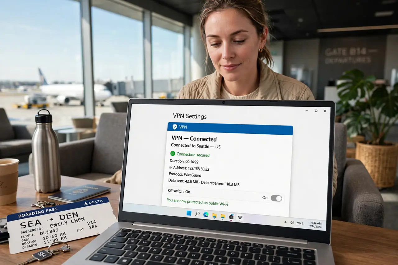 a person connecting a real VPN on a laptop with a legible connected status in an airport lounge, boarding pass nearby, the person's face relaxed, travel setting.