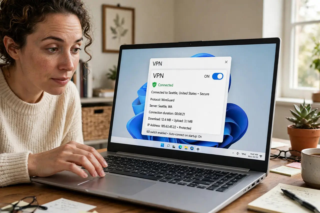 A person at a desk toggling a VPN app on a real laptop with the connection status legible on screen, the person's face curious, home office.