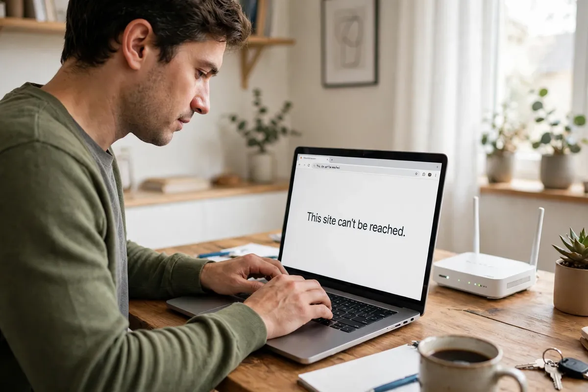 A person at a bright home desk using a laptop showing the browser message This site can't be reached, with a white router nearby.