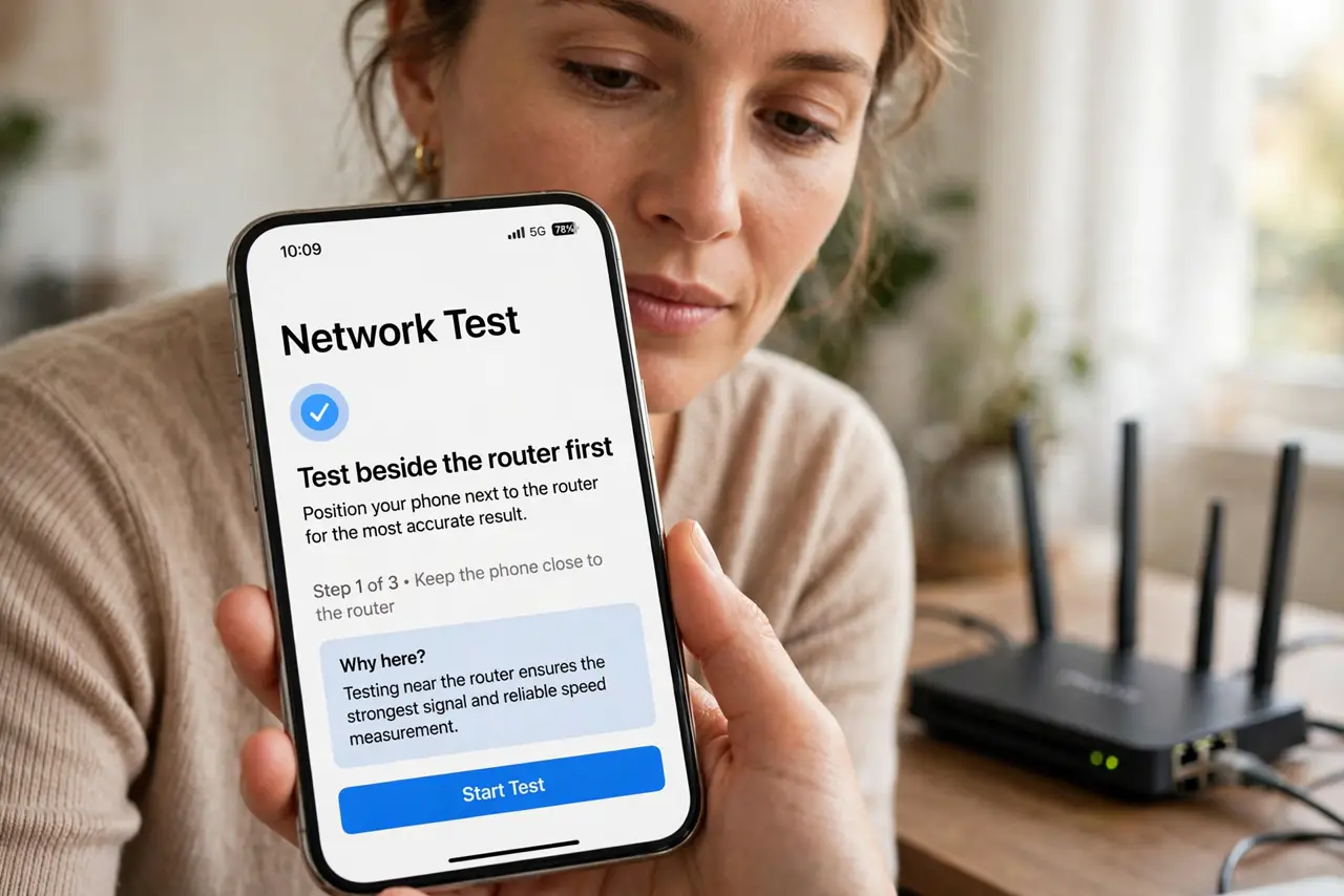 Person performing step 1: Test beside the router first. Stand next to the router and load a web page. If it works there but not in the weak room, the internet...
