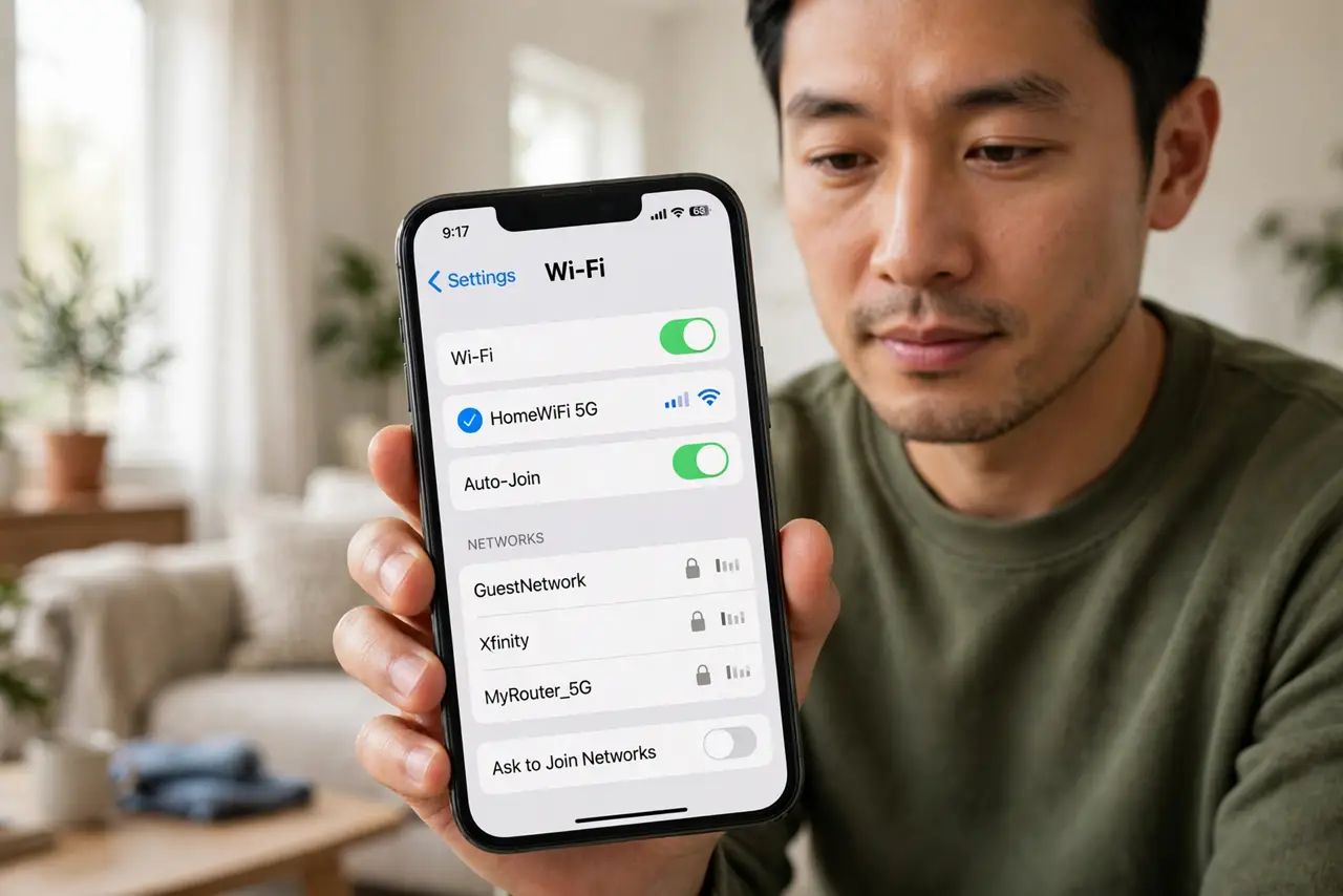 Photorealistic photo: A calm adult holding a real phone in a living room, the real Wi-Fi settings screen visible complete and legible showing signal bars, the person checking the connection calmly.