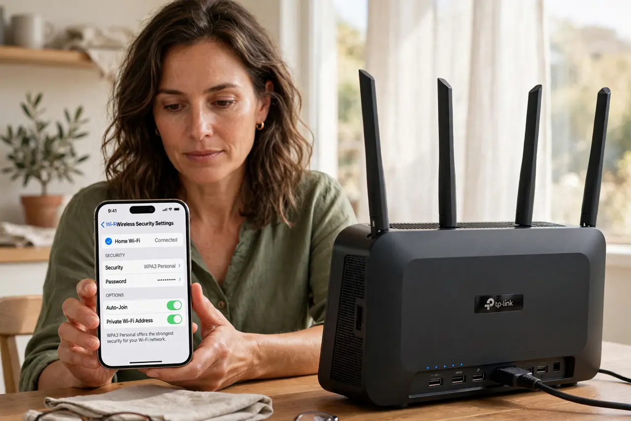 A person calmly performing the guide's first step: Open the wireless security settings.