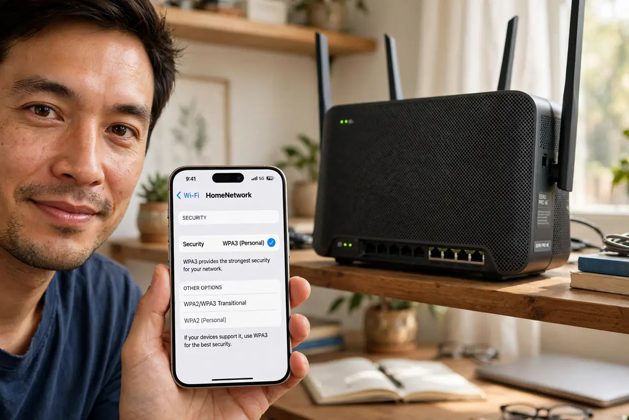 a person holding a real phone showing router wireless security settings with WPA3 selected, a router on a shelf behind, the person's face confident, home office. No black screen, n.