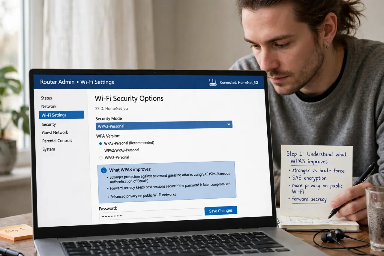 A person carrying out step one: understand what wpa3 improves.