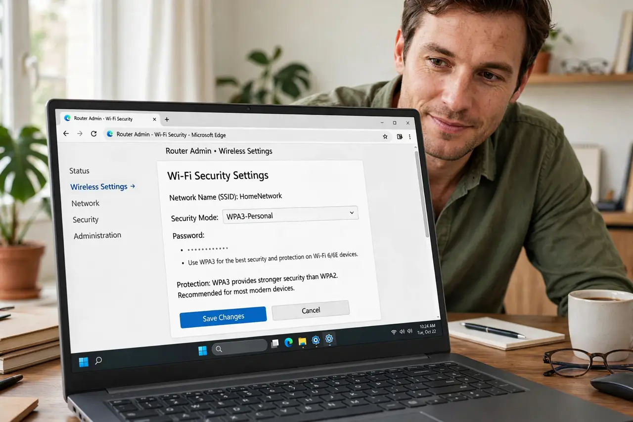 A person reviewing Wi-Fi security settings in a real router admin page on a laptop, the WPA3 option legible, the person's face confident, home office.