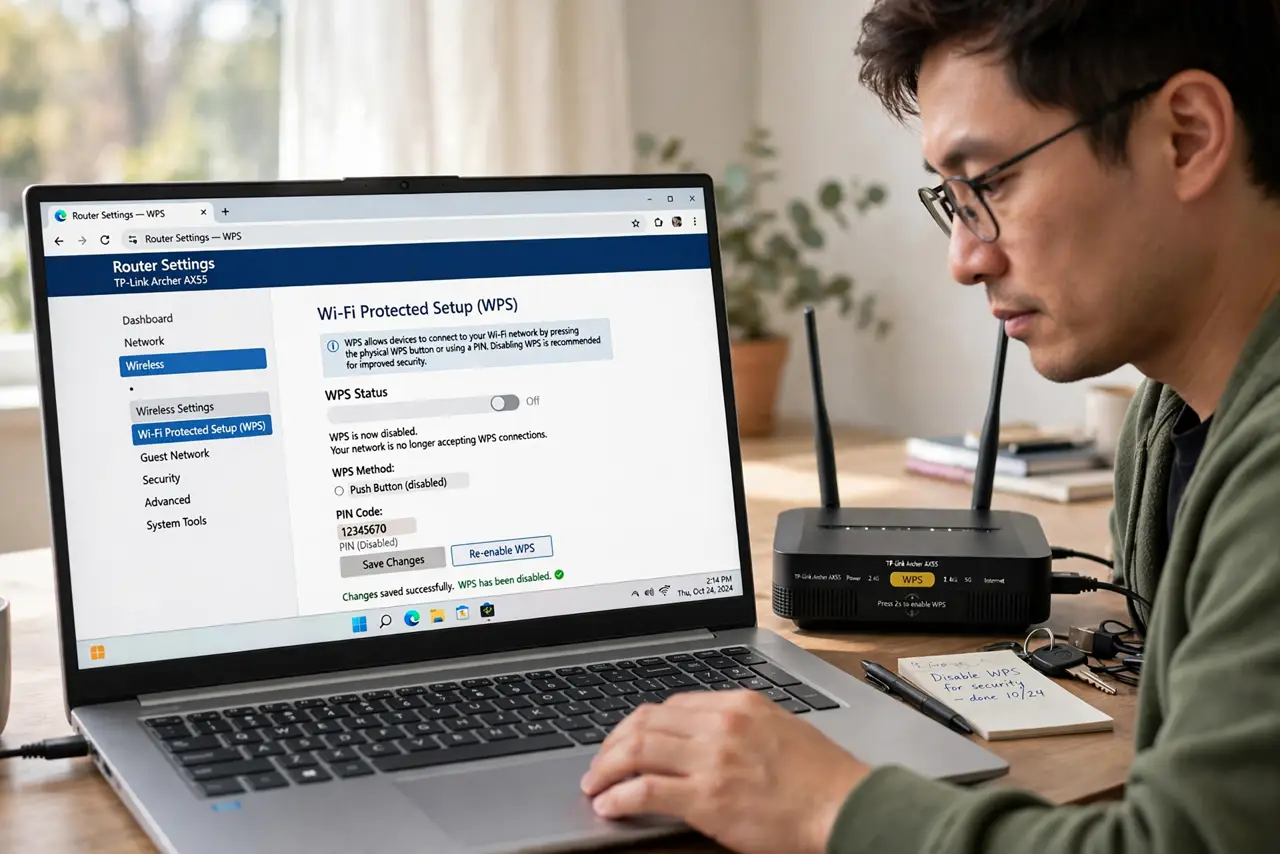 A person disabling WPS in a real router's admin page on a laptop, the WPS toggle fully legible, a real router with a WPS button visible on the desk.