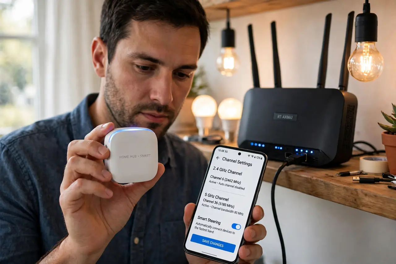 A person holding a small smart-home hub next to a router on a shelf, several smart bulbs glowing nearby, a real phone showing a channel settings screen with legible text, the person's face focused.