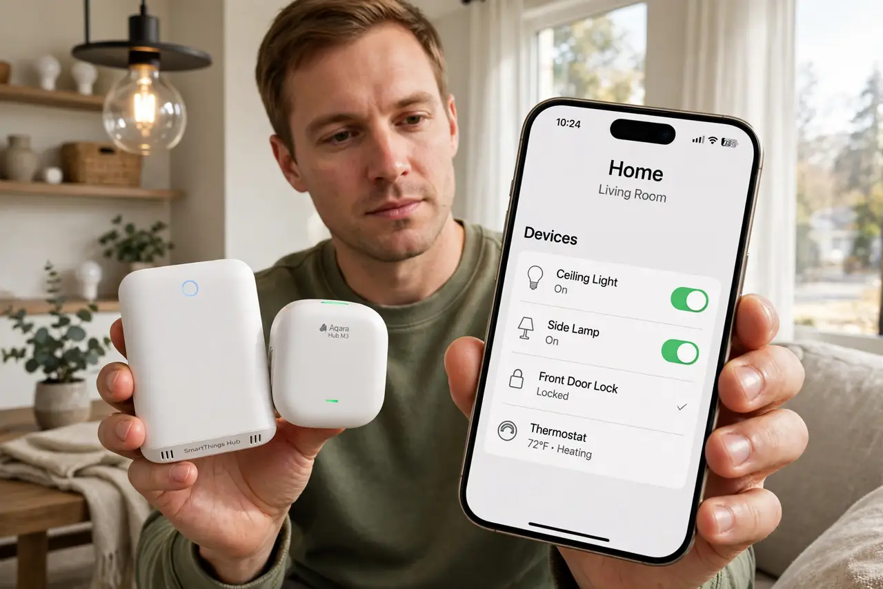 a person in a smart home living room holding two real smart home hubs side by side, a smartphone showing a device list with legible text, smart bulbs visible, the person's face thoughtful, daytime.