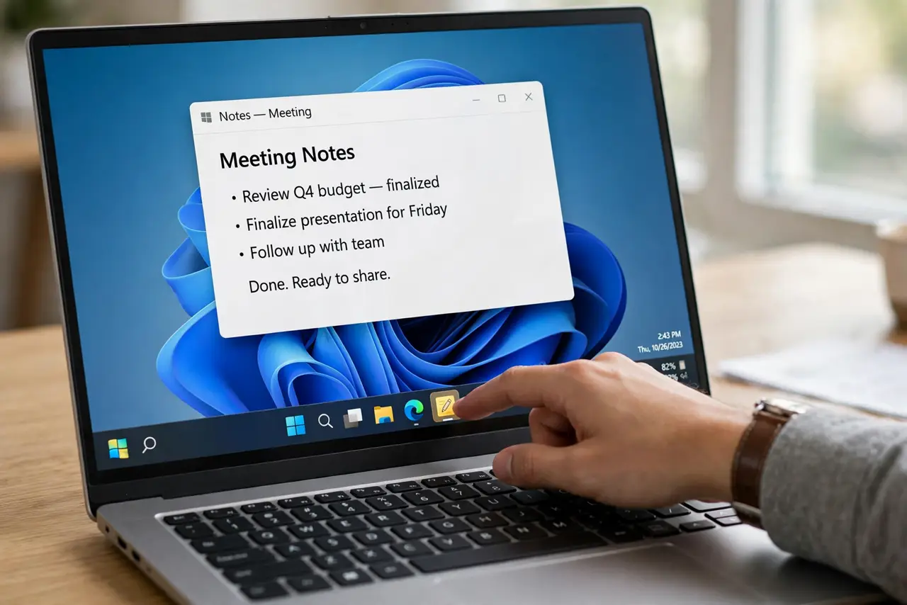 A calm adult clicking the app icon in the Windows taskbar on a Windows laptop.