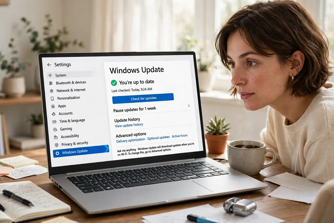 a person sitting at a desk with a real Windows 11 PC, the screen showing the Settings Windows Update page with legible text, the person's face curious and focused, bright home office.