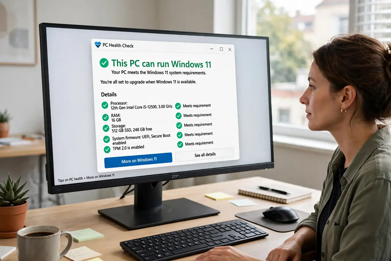 A person carrying out step one: run the pc health check app.