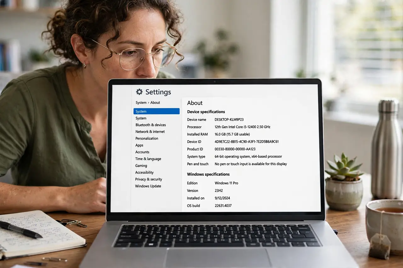 A person checking system information on a real Windows PC, the Settings screen showing device specifications with legible text, the person's face concentrated…