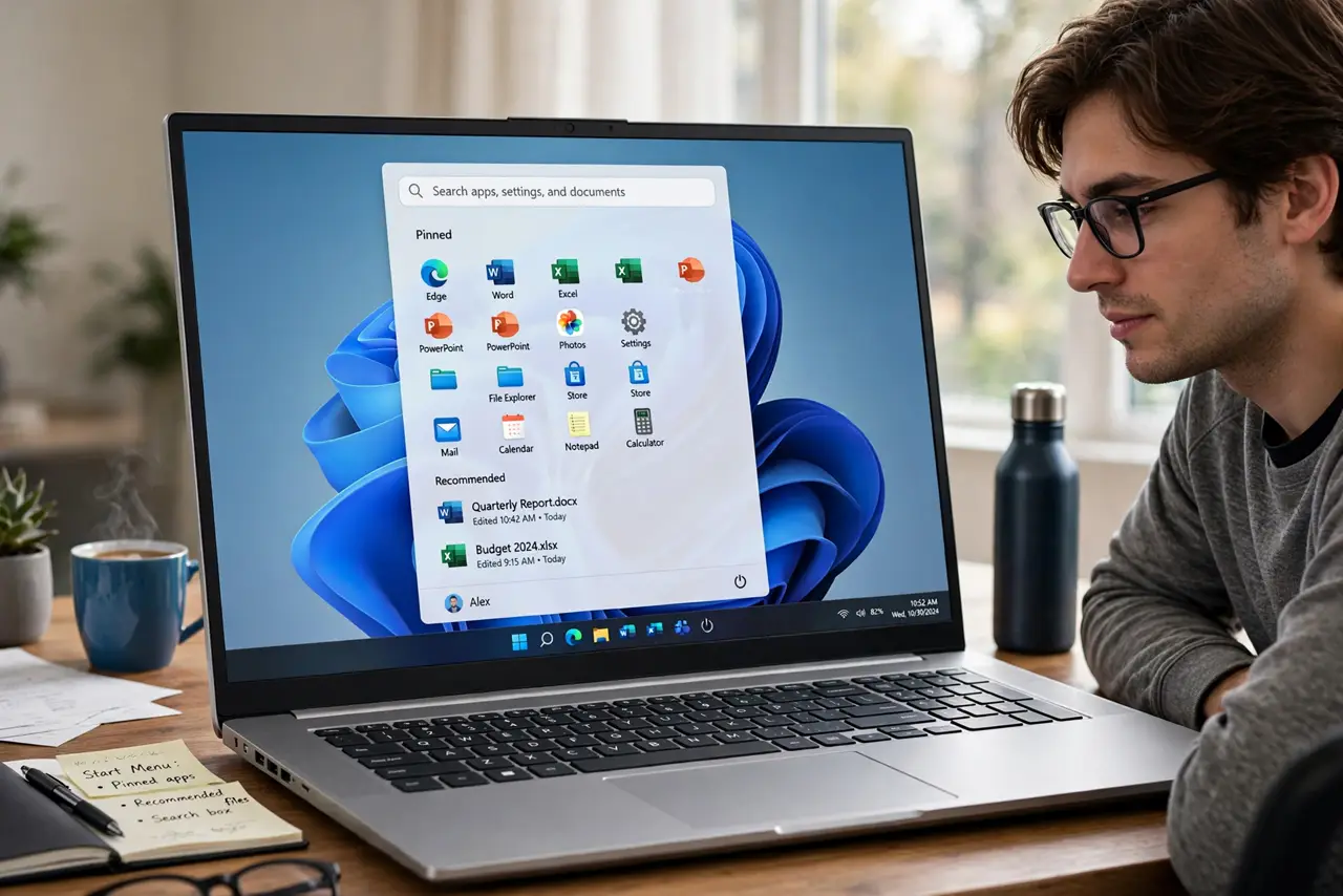 Photoreal photo of a person performing the first step: Open it and learn the layout. Press the Windows key or click the Start button. Top: search box. Middle: your pinned apps. Bottom: recommended files an...