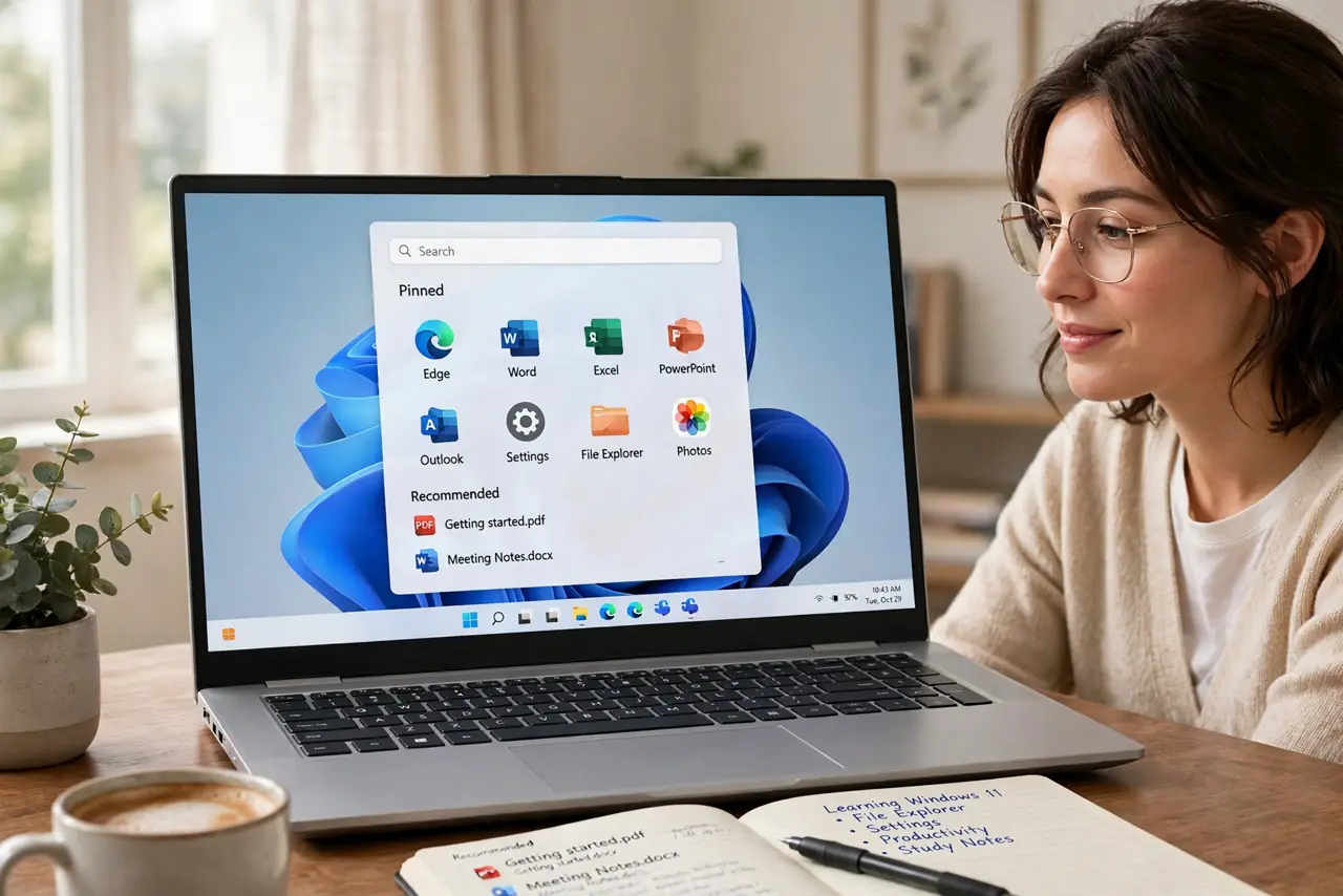 Photoreal photo: a calm person at a desk in front of a real Windows 11 PC showing the legible centered Start menu with pinned apps, the person's face relaxed and learning. No black screen, no blank white screen, no fake