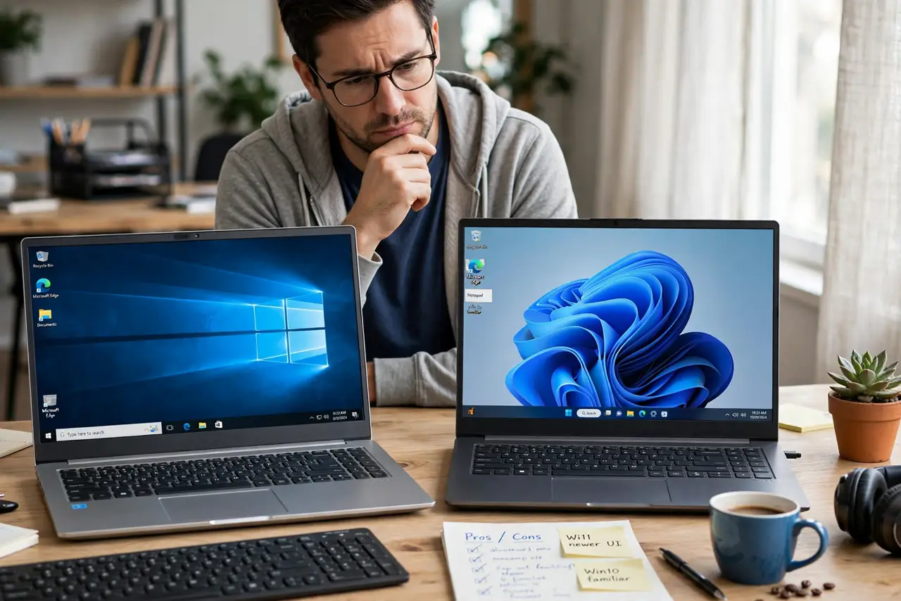 A person at a desk comparing two real laptops side by side, one showing the Windows 10 desktop and the other the Windows 11 desktop with the centered taskbar,…