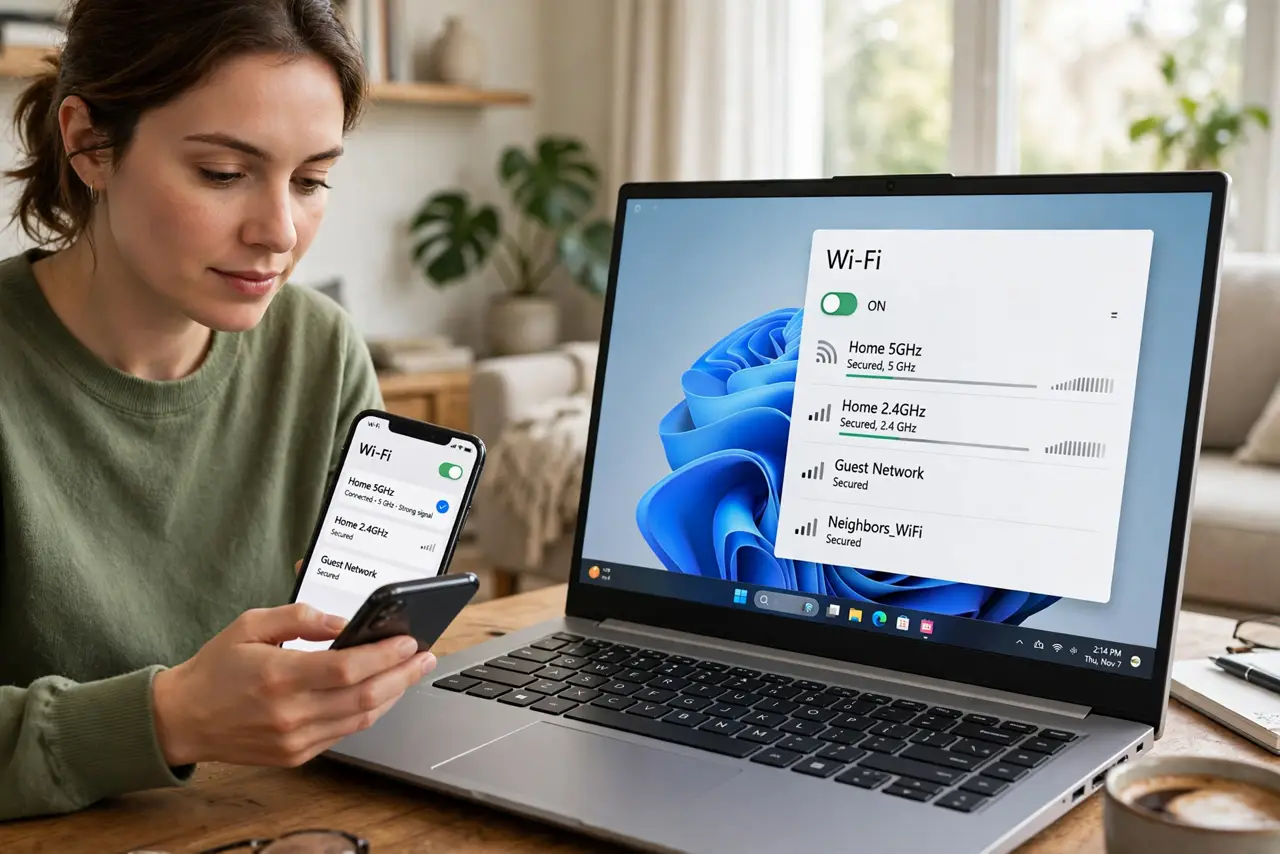 A person performing the first step: Confirm another device sees the 5 GHz network. Check your phone's Wi-Fi list. If.