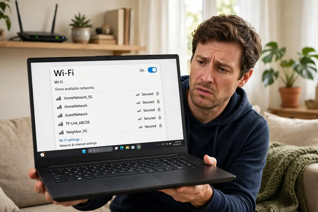 A puzzled person holding a real Windows laptop showing the Wi-Fi network list with legible network names on screen, a
