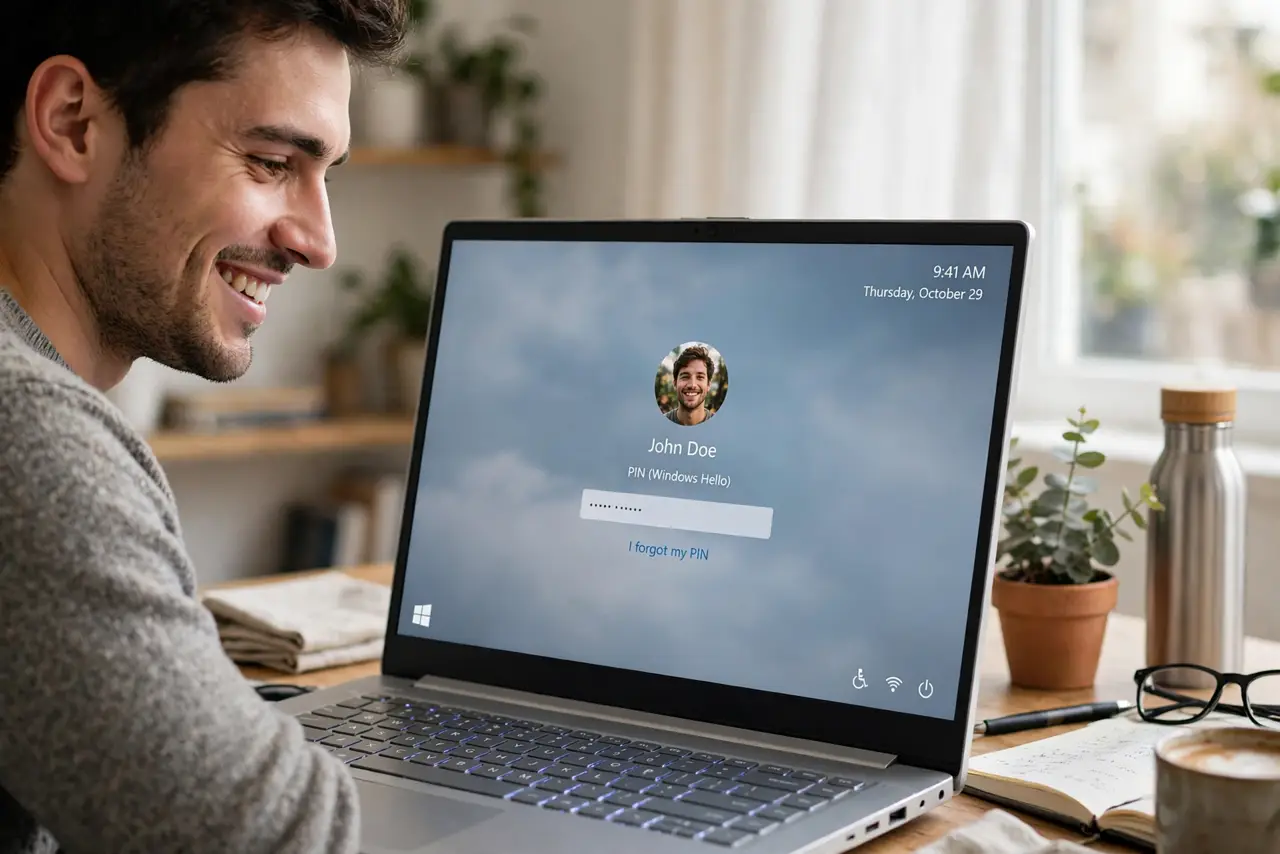 A person looking at a real Windows laptop login screen showing a legible user profile picture, the person's face pleased, home desk.