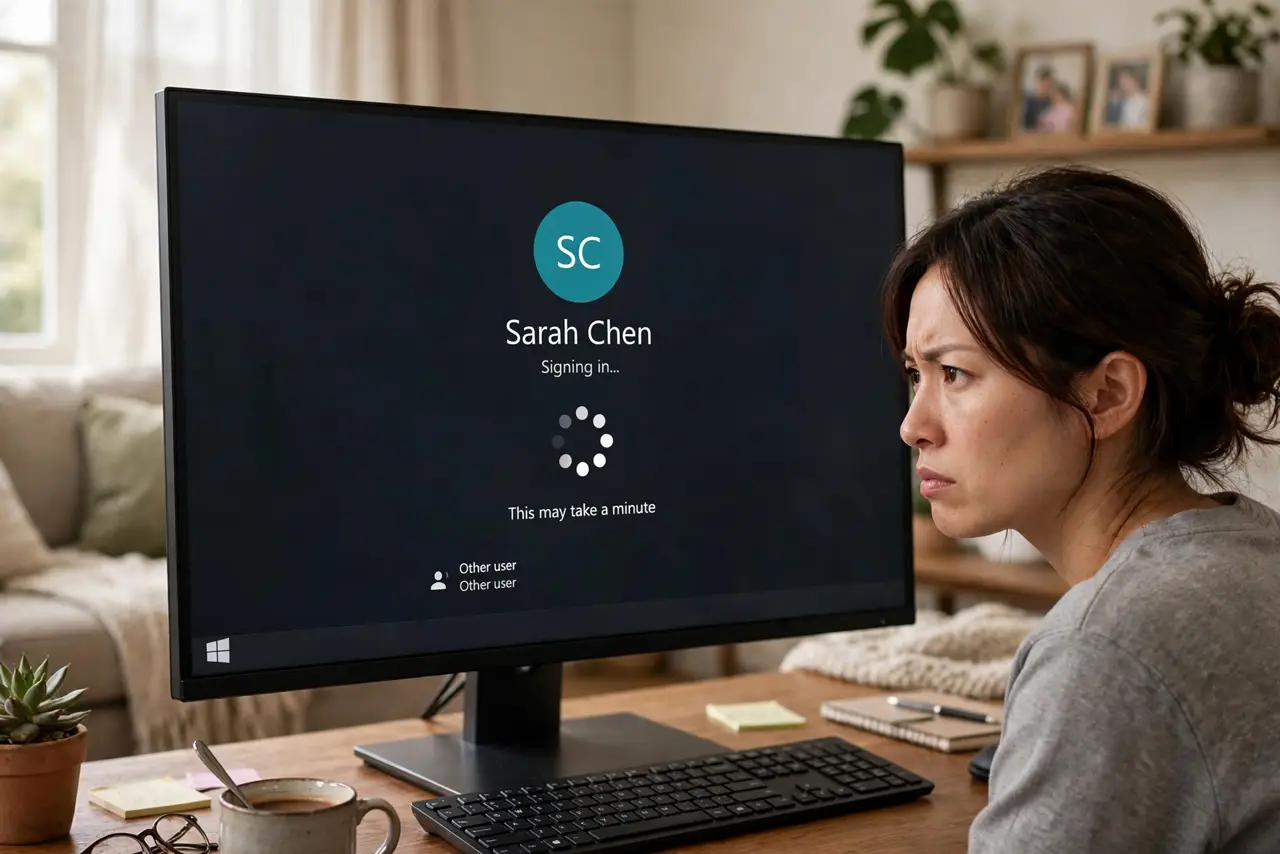 A person waiting at the Windows account switch screen on a real PC monitor with the spinning dots fully visible, the person's face impatient, family living room.