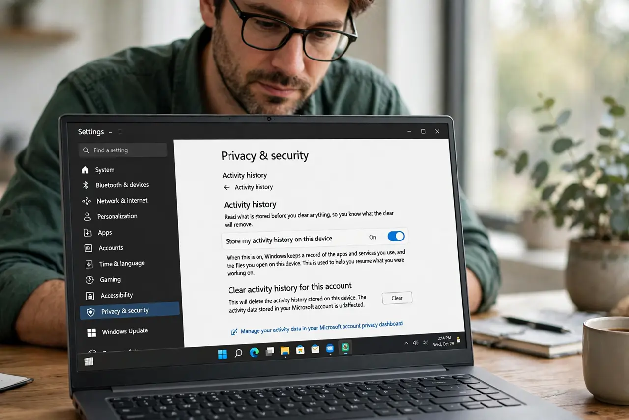 Activity History Shows Old PCs? Clear It — step 1 being performed on the device.