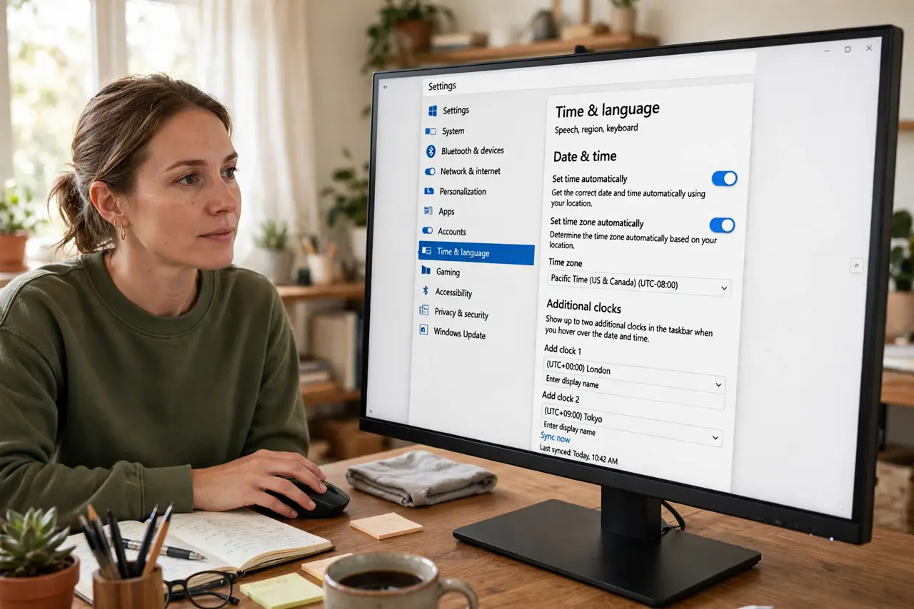 A person performing the first step: Open Date & time settings. Settings > Time & language > Date & time, then scroll to.