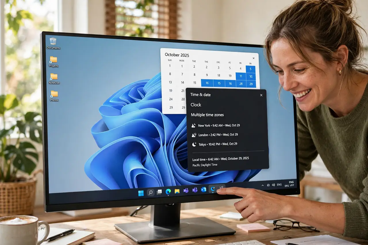 A person hovering over the taskbar clock on a real Windows desktop showing multiple time zone clocks with legible text,