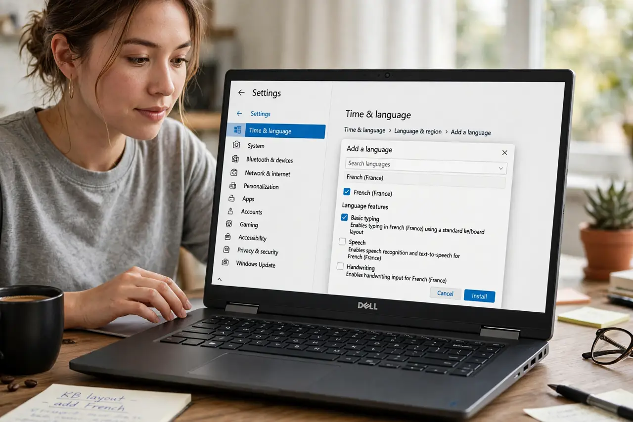 A person performing the first step: Add the language. Settings > Time & language > Language & region > Add a language.