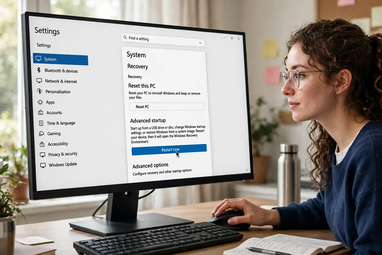 A person performing the first step: Open it from Settings. Go to Settings > System > Recovery and click Restart now.
