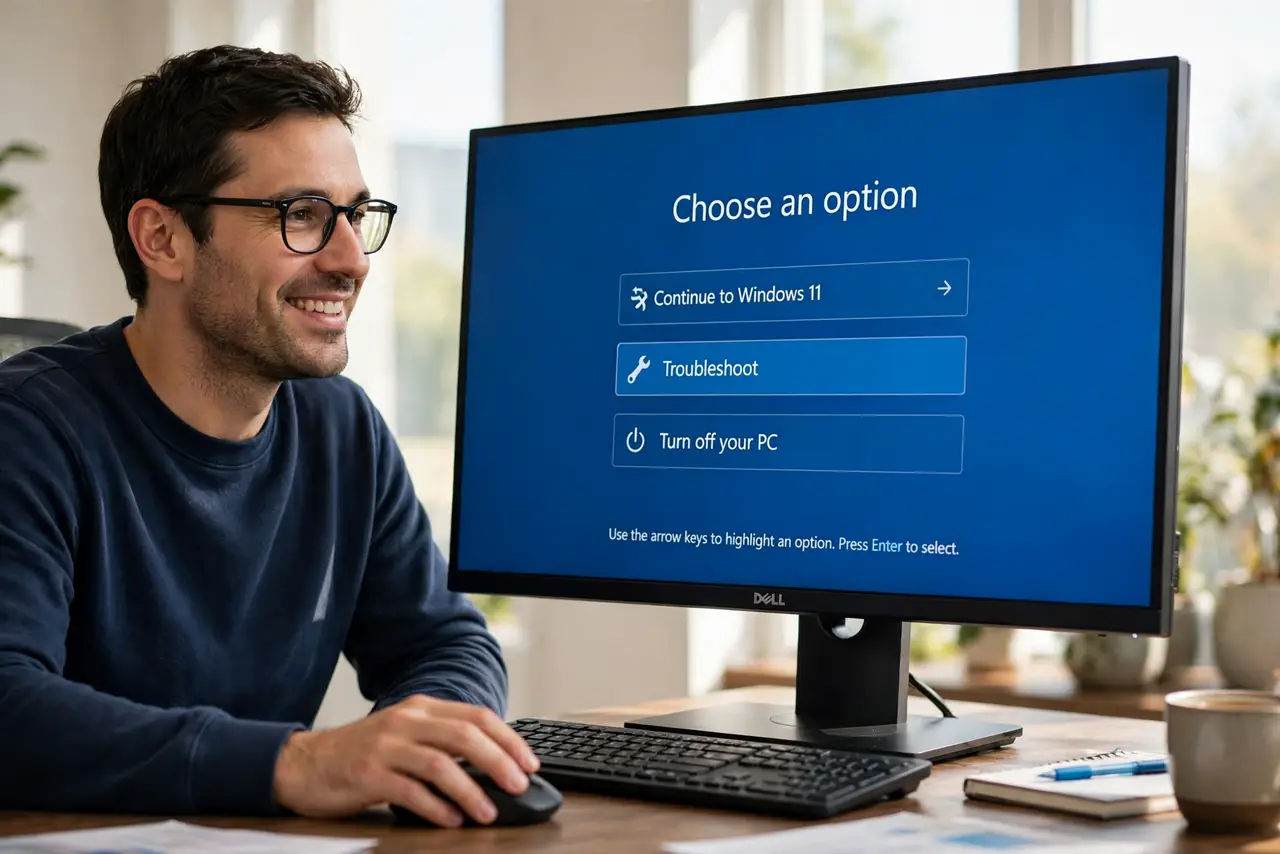 A person looking at a real desktop monitor showing the blue Choose an option recovery screen with legible Troubleshoot