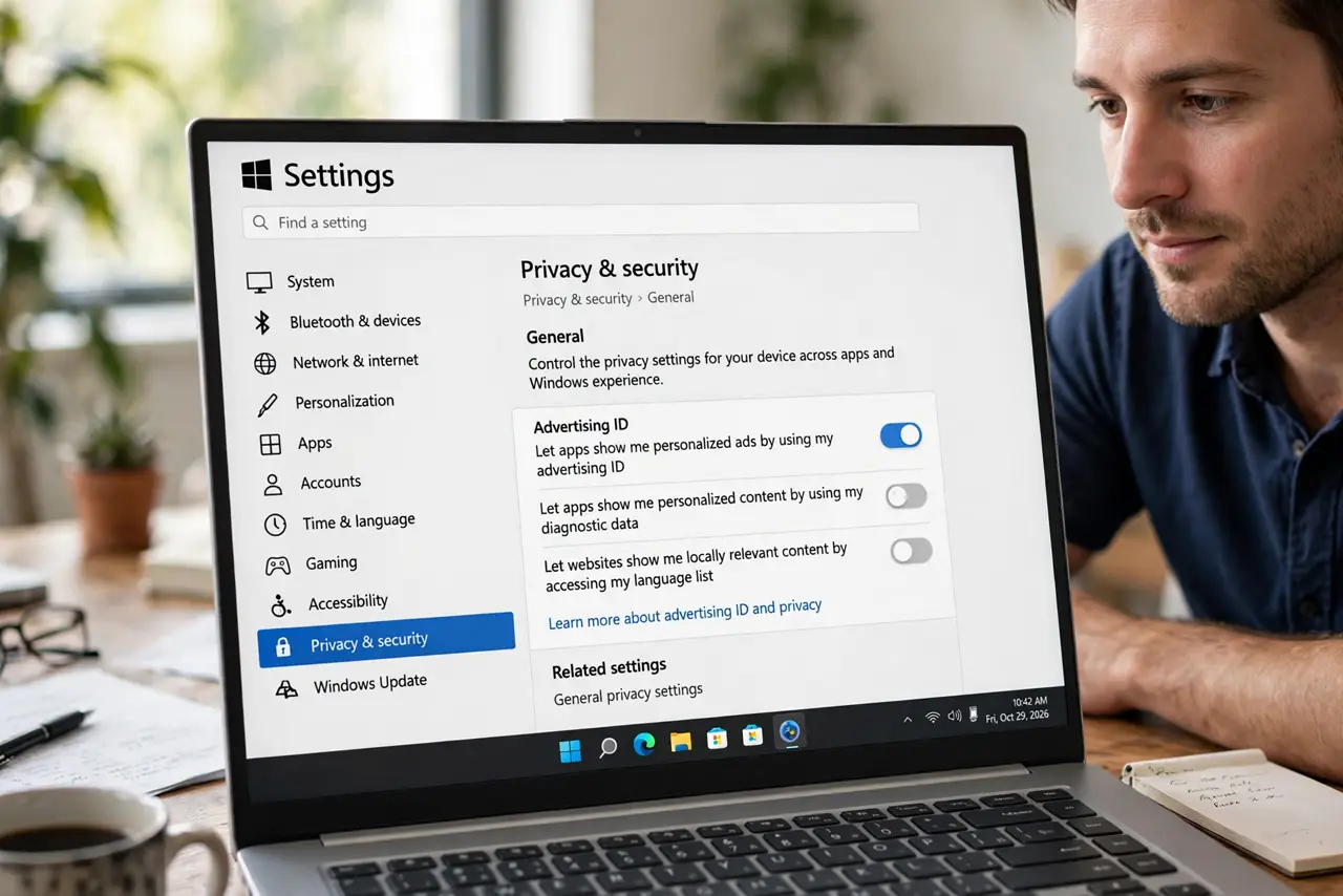a person looking at the real Windows Privacy settings page with the advertising ID toggle visible and legible, the person's face calm and in control, desk.