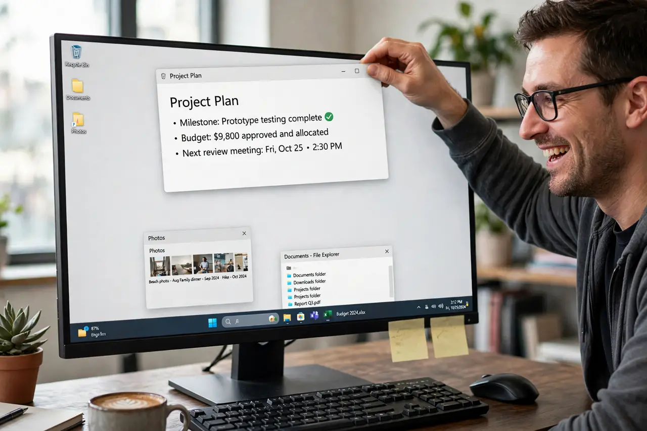 A person shaking a real window by its title bar on a real Windows PC, other windows minimizing with the desktop visible, the person's face amused.