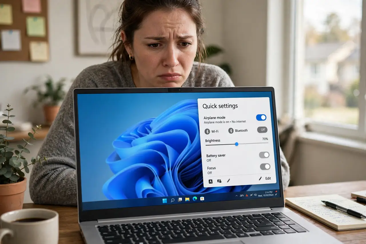a person using a real Windows laptop with the Quick Settings panel open showing Airplane mode stuck on, the person's face frustrated, home office.