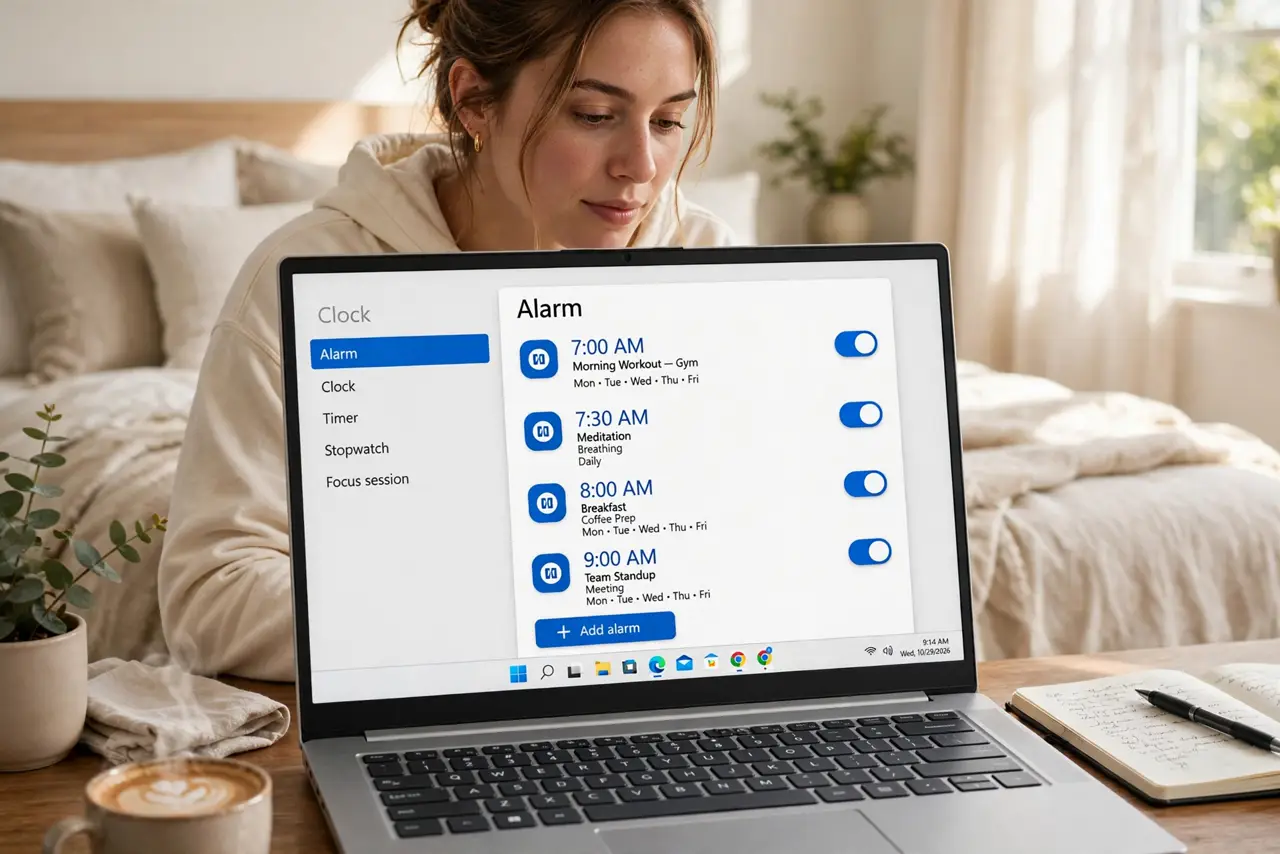 a person looking at the real Windows Clock app showing multiple labeled alarms with legible times, morning light, bright bedroom. No black screen, no blank white screen, no fake or.