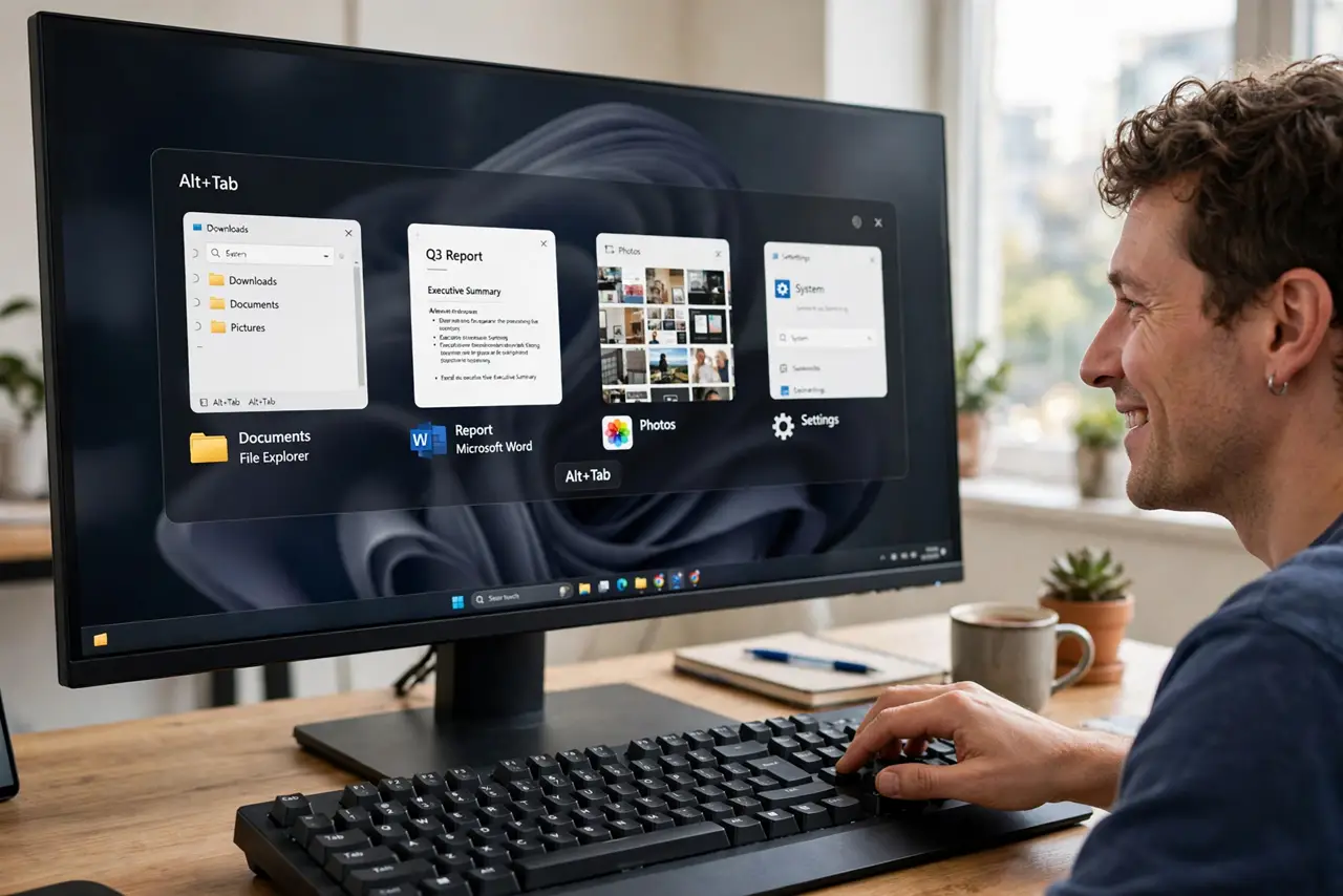 A person pressing Alt+Tab on a real keyboard in front of a Windows PC monitor showing the Alt+Tab switcher with only app windows and no browser tabs, the person's face relieved.