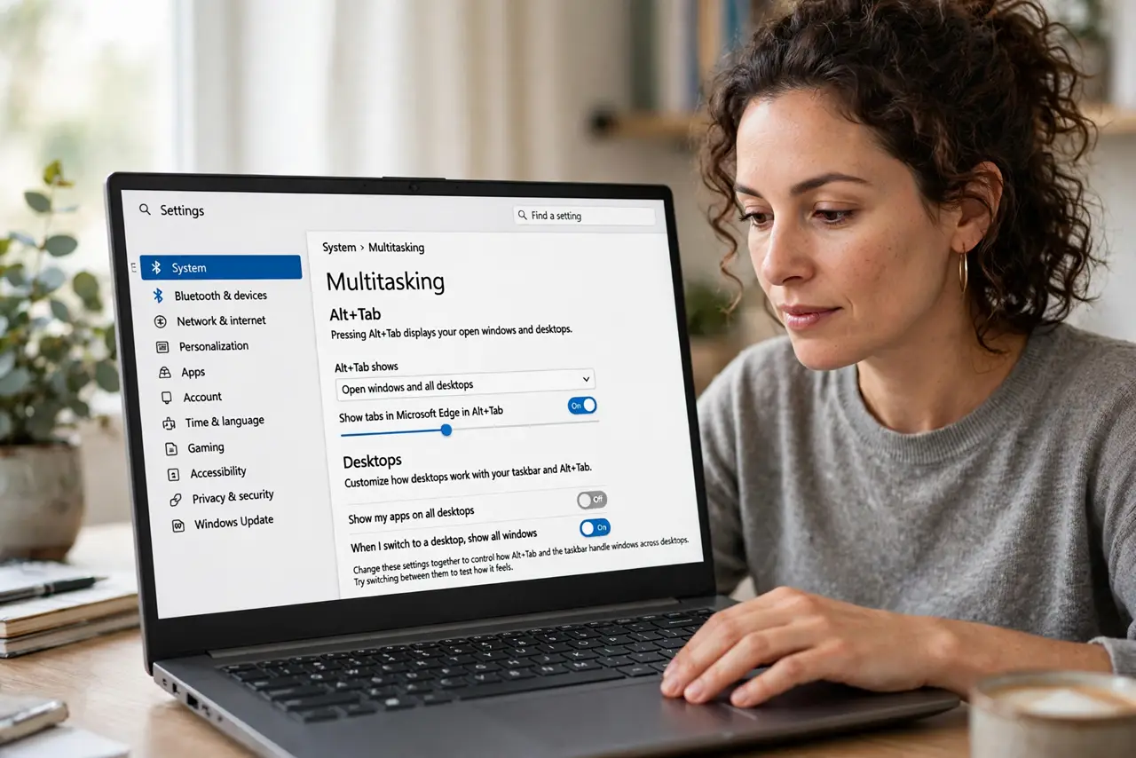 Alt-Tab Shows Every Window, Not Just This Desktop — step 1 being performed on the device.