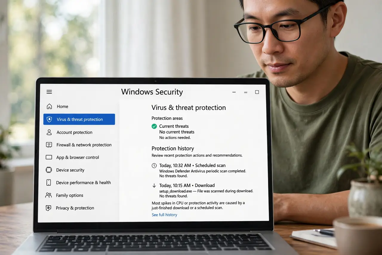 A person performing step 1 of the guide: Identify what triggered the spike. Open Windows Security > Virus & threat protection and check Protection history. A just-finished downlo...