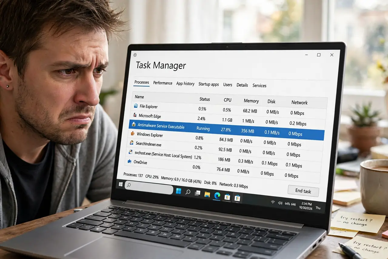 a frustrated adult looking at a real Windows laptop showing Task Manager with Antimalware Service Executable highlighted and fully legible text.