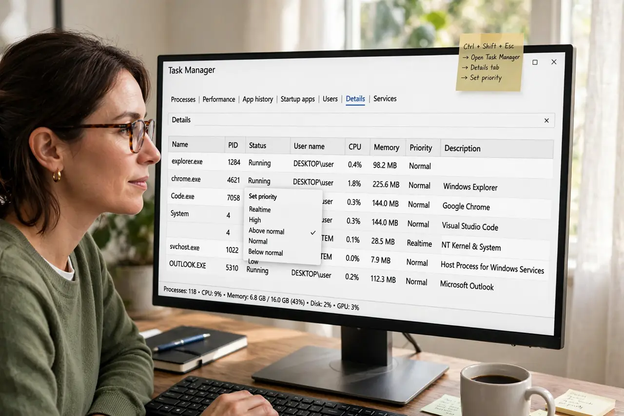 A person performing step 1: Open Task Manager's Details tab. Press Ctrl+Shift+Esc and switch to Details — the full process list, where pri.