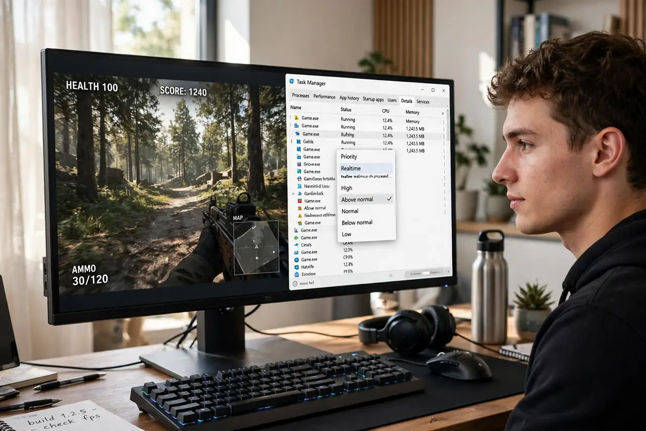 A person playing a real game on a monitor with Task Manager open beside it showing legible priority options, the person's face focused, gaming desk.
