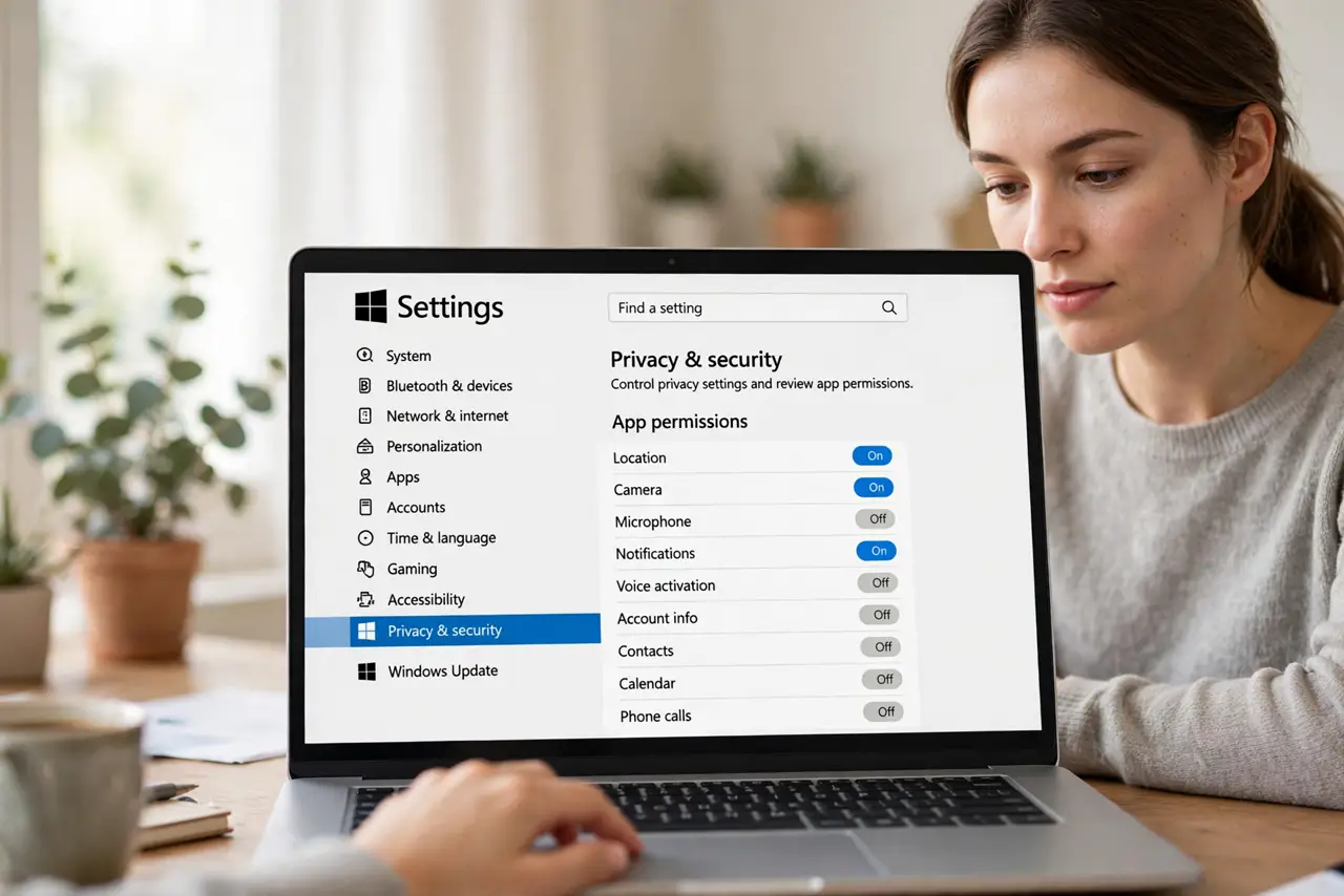 A person carrying out step one: open privacy & security settings.