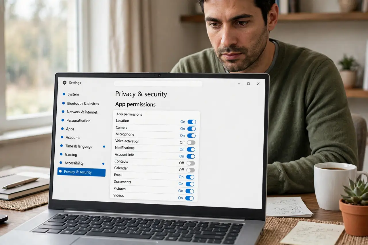 A person reviewing a real Windows laptop showing Privacy & security settings with a legible app permissions list, the person's face serious and attentive, home…