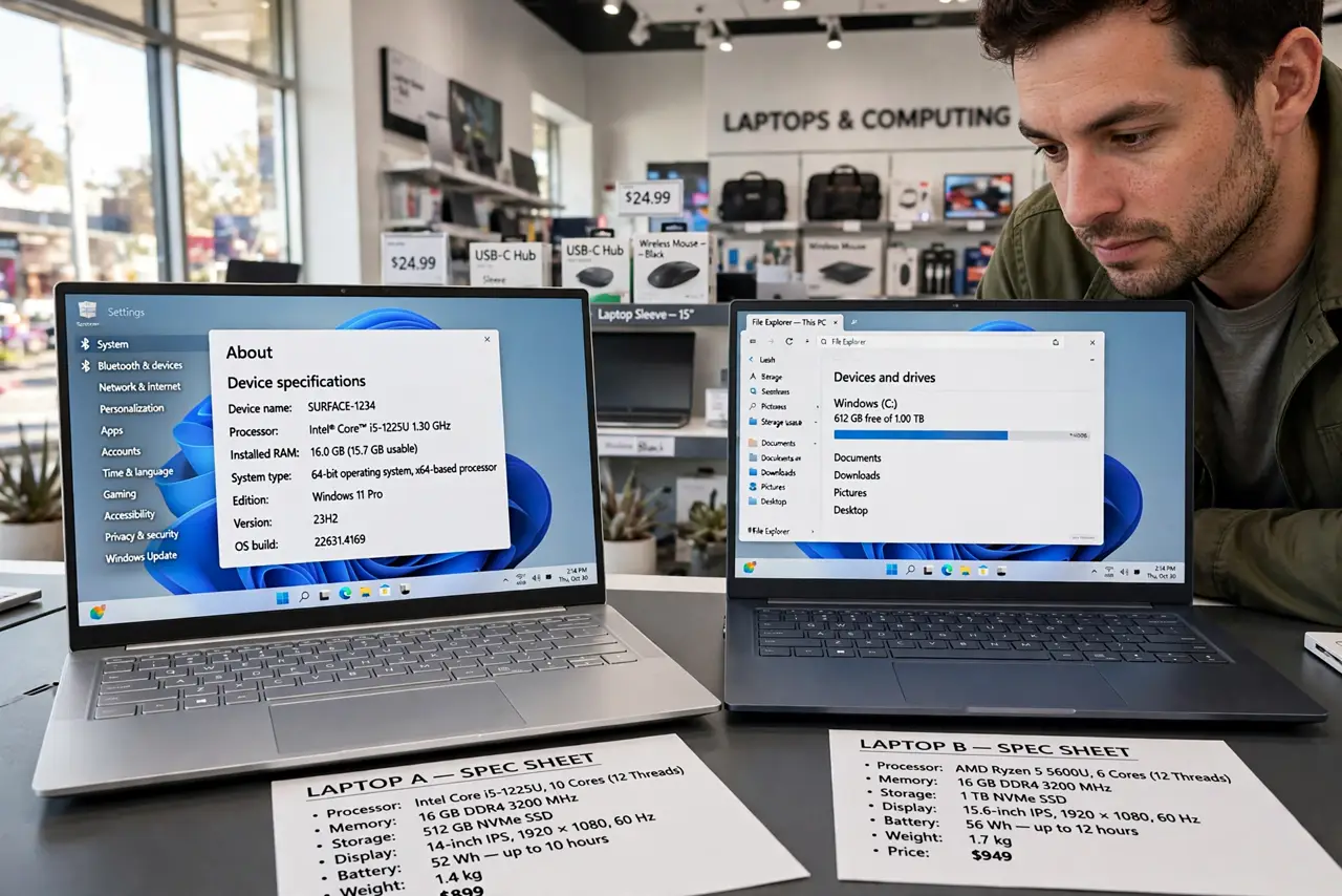 a person in a store comparing two real Windows laptops side by side, spec sheets visible with legible text, the person's face weighing the choice, bright retail lighting.