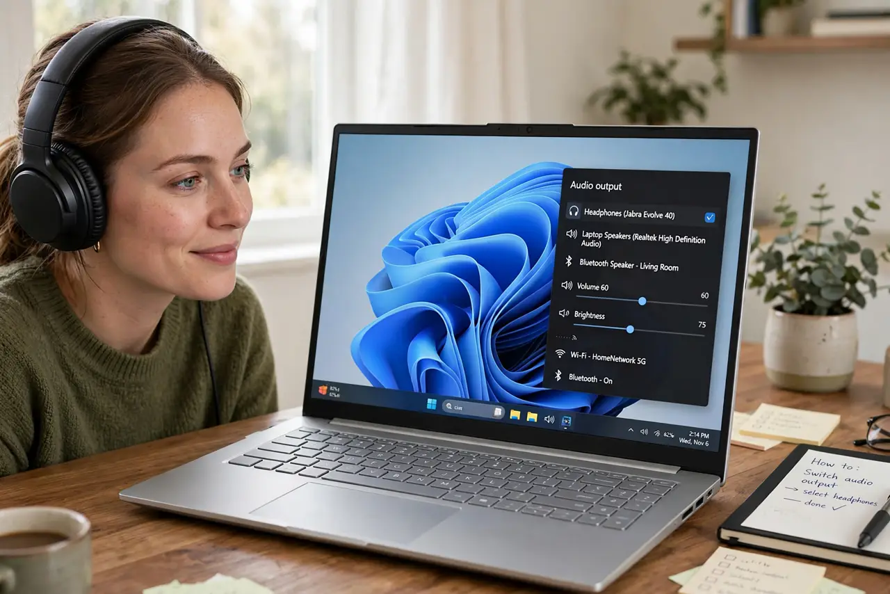 a person wearing real headphones beside a real Windows PC showing the quick-settings audio output list with devices legibly listed, the person's face relieve...
