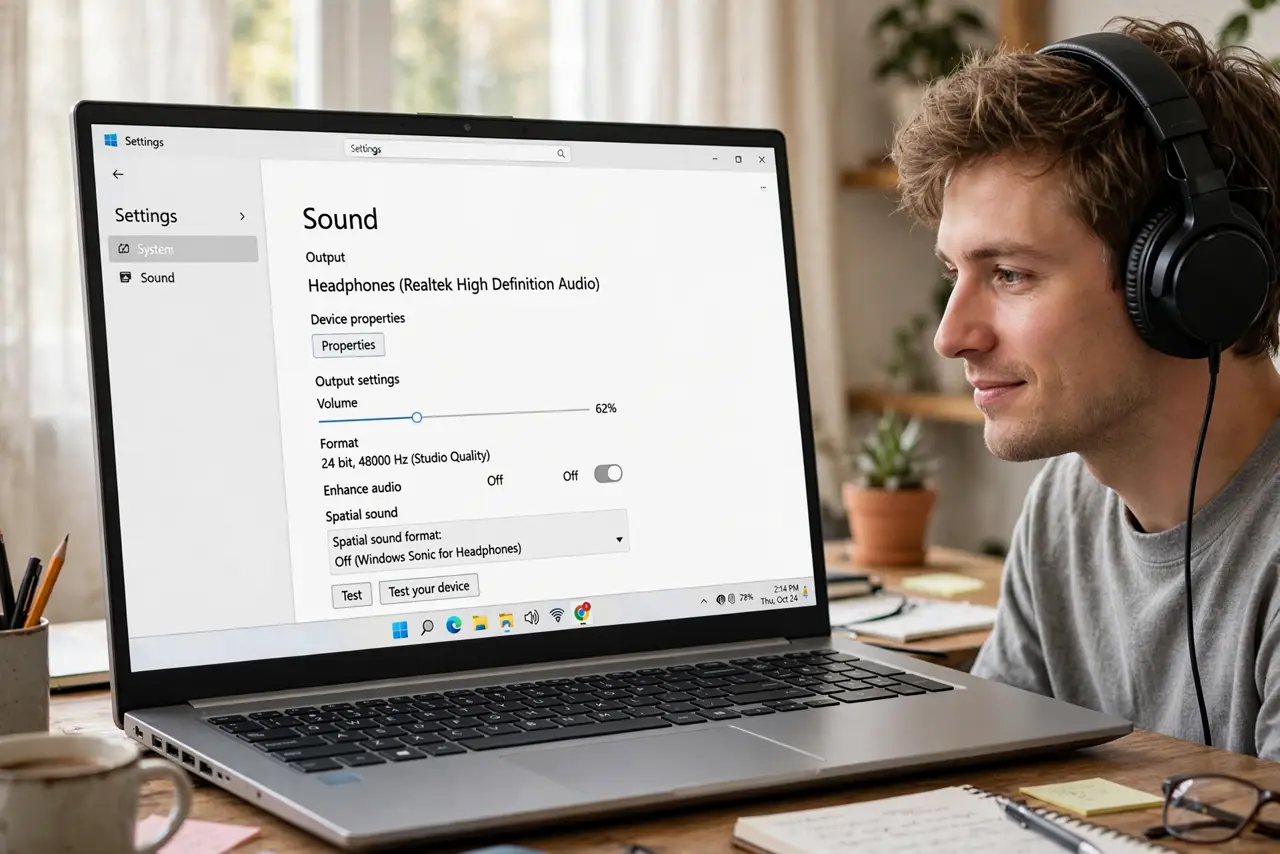 a person wearing real headphones at a real Windows PC showing the sound device properties with legible text, the person's face relieved, home desk.