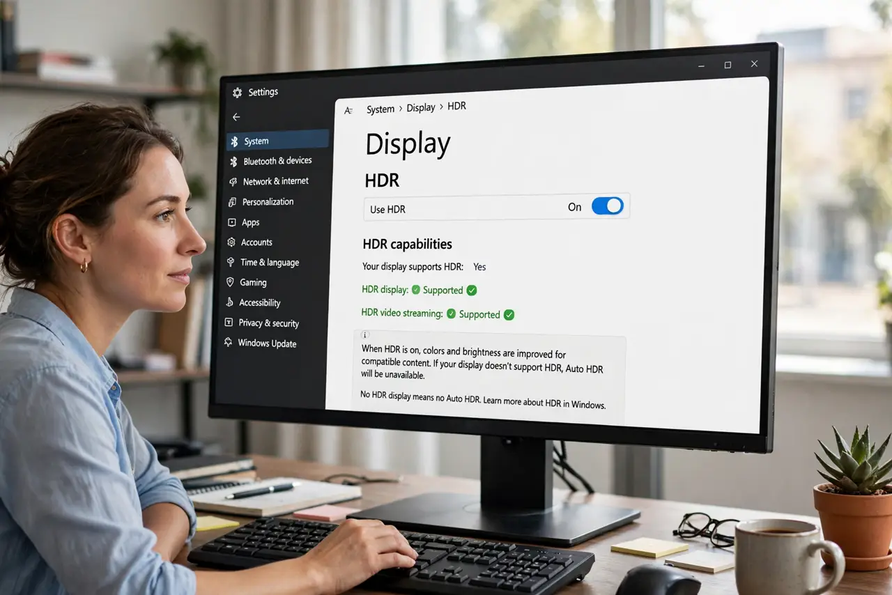 A person performing step 1: Confirm your display does HDR. Check Settings, System, Display, HDR — Windows reports your display's HDR capab.