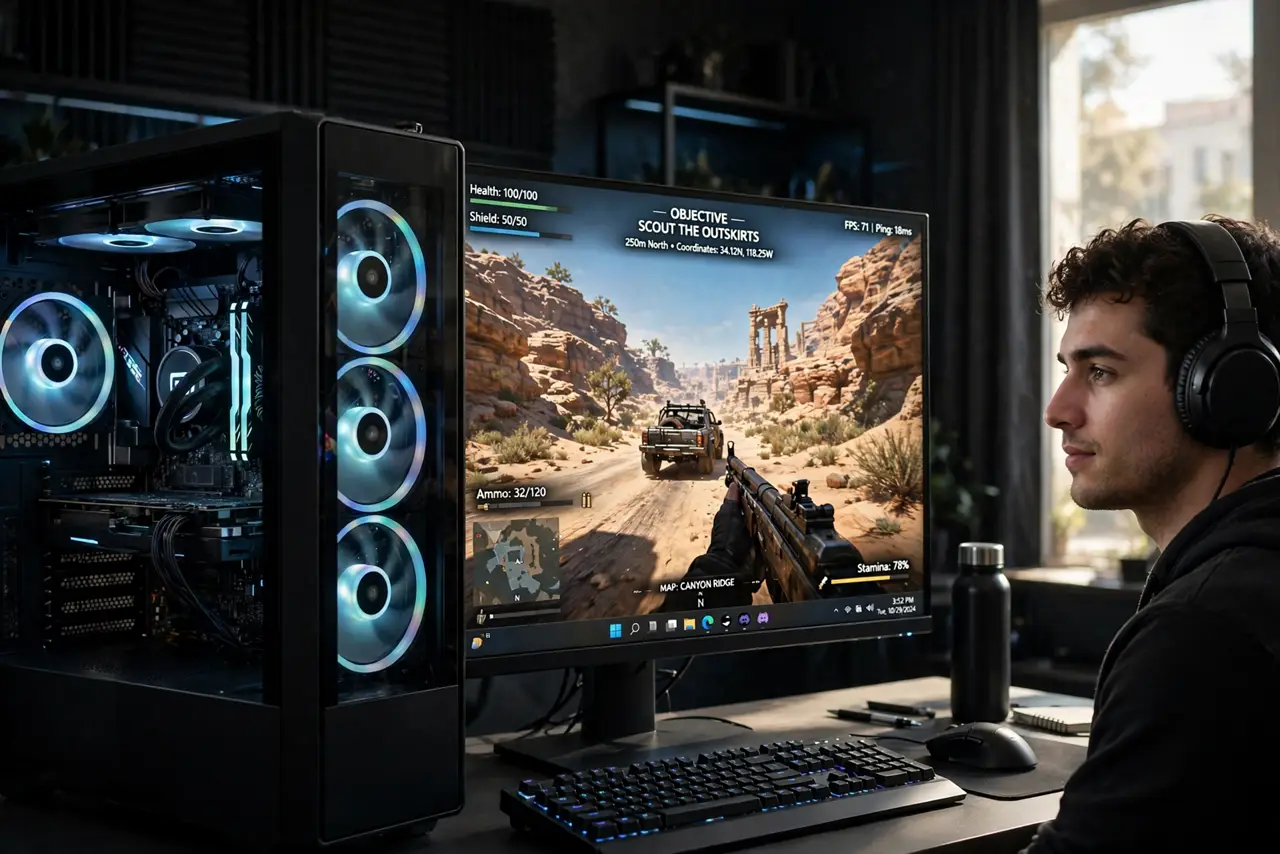 A person gaming on a real Windows PC with a vibrant HDR game scene on the monitor with legible HUD elements, the person's face impressed, dim gaming room.